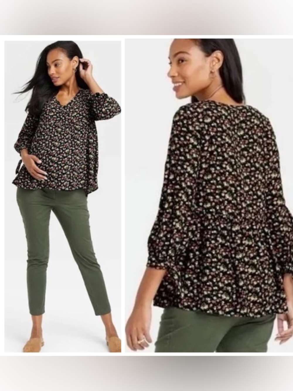 The Nines by HATCH 3/4 Sleeve Ties Black Multi Floral Maternity Top Size Small